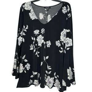 Karen Kane 2X Black White Floral Top Split Hem Bell Sleeve V-Neck Plus Size